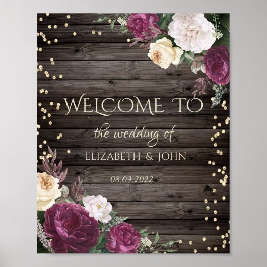 Gold Diamonds Bourgogne Flowers redden de datum Poster (Voorkant)