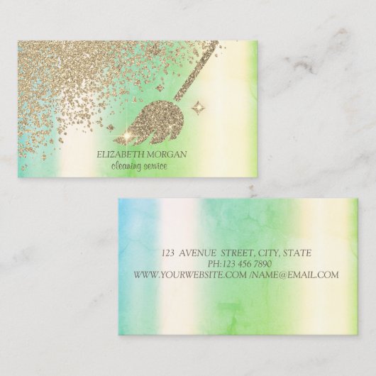 Gold Diamonds Broom Maid Cleaning House Green Visitekaartje (Voorkant / Achterkant)