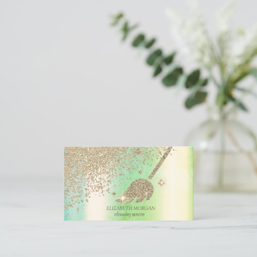 Gold Diamonds Broom Maid Cleaning House Green Visitekaartje (Staand voorkant)