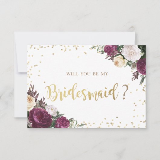 Gold Diamonds Burgundy Floral Bridesmaid Kaart (Voorkant)