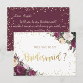 Gold Diamonds Burgundy Floral Bridesmaid Kaart (Voorkant / Achterkant)