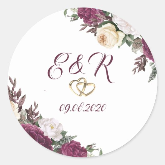 Gold Diamonds Burgundy Floral Hearts Wedding Ronde Sticker (Voorkant)