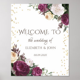 Gold Diamonds Burgundy Floral redt de datum Poster