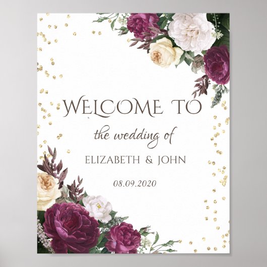 Gold Diamonds Burgundy Floral redt de datum Poster (Voorkant)