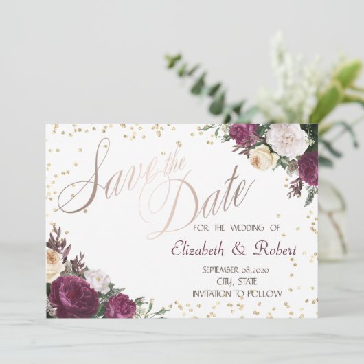Gold Diamonds Burgundy Floral redt de datum Save The Date (Staand voorkant)