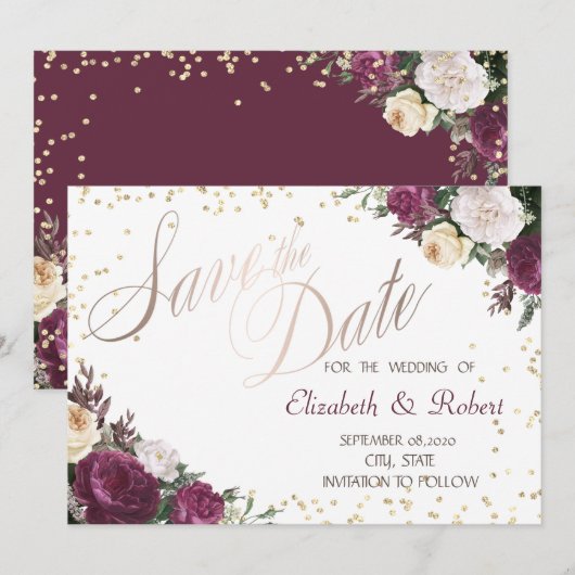 Gold Diamonds Burgundy Floral redt de datum Save The Date (Voorkant / Achterkant)