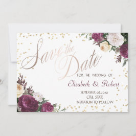 Gold Diamonds Burgundy Floral redt de datum Save The Date