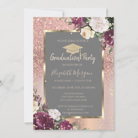 Gold Diamonds Burgundy Flowers Afstuderen Kaart (Voorkant)