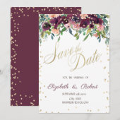 Gold Diamonds Burgundy Flowers bespaart de datum Save The Date (Voorkant / Achterkant)