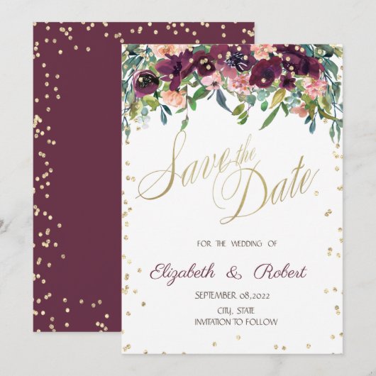 Gold Diamonds Burgundy Flowers bespaart de datum Save The Date (Voorkant / Achterkant)
