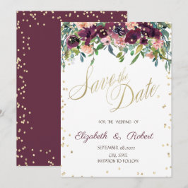 Gold Diamonds Burgundy Flowers bespaart de datum Save The Date