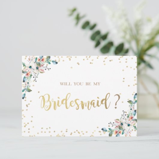 Gold Diamonds Burgundy Flowers Bridesmaid Kaart (Staand voorkant)