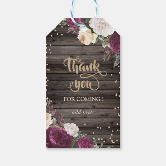 Gold Diamonds Burgundy Flowers Wood Cadeaulabel (Voorkant)