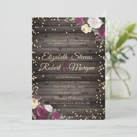 Gold Diamonds Burgundy Flowers Wood Kaart (Staand voorkant)