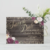 Gold Diamonds Burgundy Flowers Wood Save The Date (Staand voorkant)