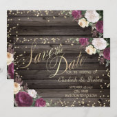 Gold Diamonds Burgundy Flowers Wood Save The Date (Voorkant / Achterkant)
