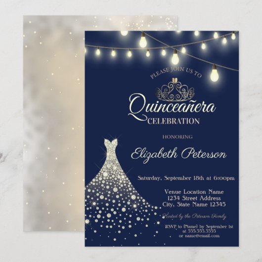 Gold Diamonds Dress Quinceañera Kaart (Voorkant / Achterkant)