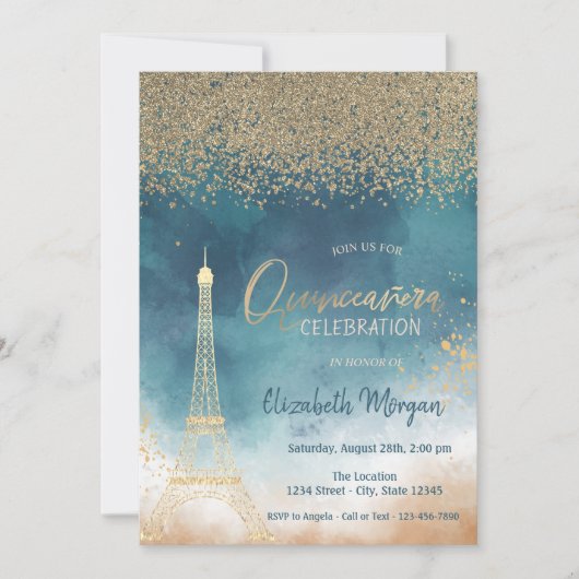 Gold Diamonds, Eiffeltoren Verf SplashQuinceanera Kaart (Voorkant)