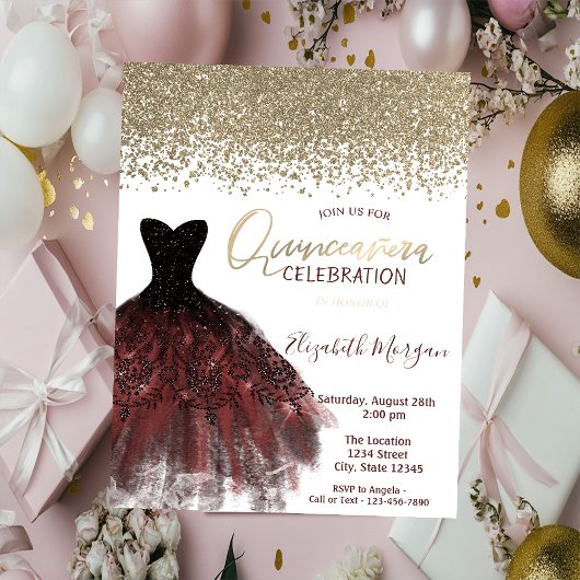 Gold Diamonds, Elegant Burgundy Dress Quinceañera Kaart