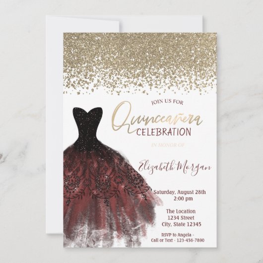 Gold Diamonds, Elegant Burgundy Dress Quinceañera Kaart (Voorkant)