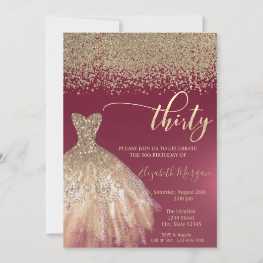 Gold Diamonds, Elegant Dress Burgundy 30th Birthda Kaart (Voorkant)