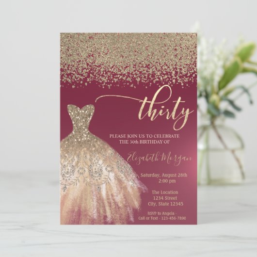 Gold Diamonds, Elegant Dress Burgundy 30th Birthda Kaart (Staand voorkant)