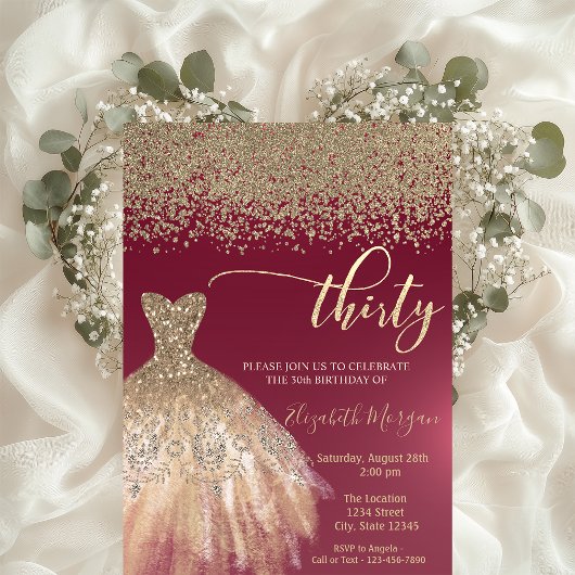 Gold Diamonds, Elegant Dress Burgundy 30th Birthda Kaart