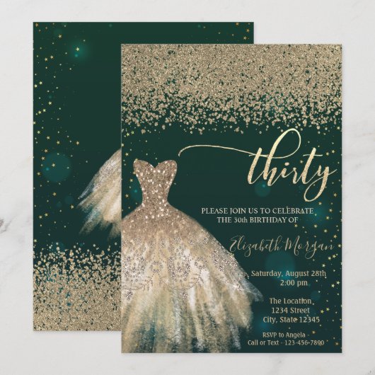 Gold Diamonds, Elegant Dress Green 30th Birthday Kaart (Voorkant / Achterkant)