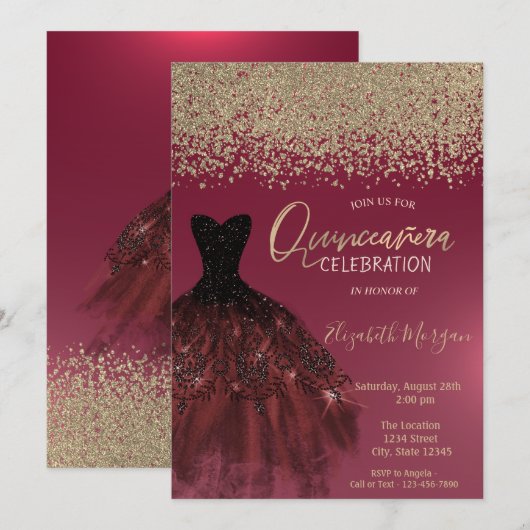 Gold Diamonds, Elegant Dress Red Quinceanera Kaart (Voorkant / Achterkant)