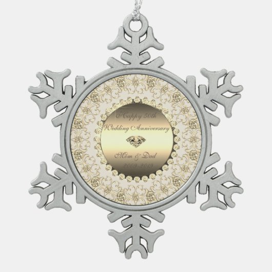 Gold Diamonds Floral 50th Wedding Jubileum Tin Sneeuwvlok Ornament (Voorkant)