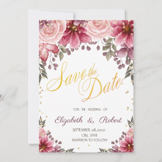 Gold Diamonds Floral Burgundy redt de datum Save The Date (Voorkant)