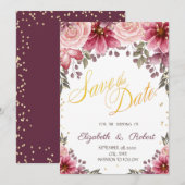 Gold Diamonds Floral Burgundy redt de datum Save The Date (Voorkant / Achterkant)