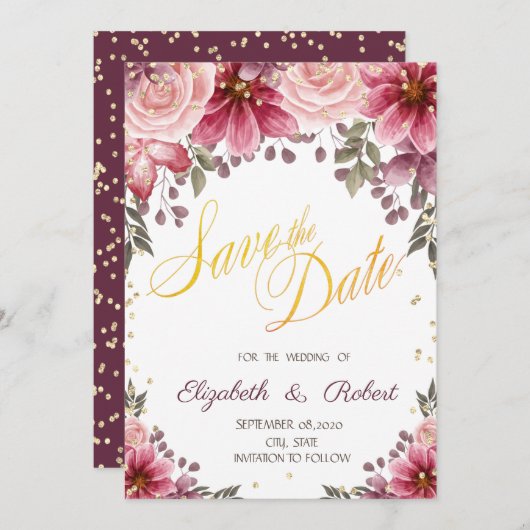 Gold Diamonds Floral Burgundy redt de datum Save The Date (Voorkant / Achterkant)