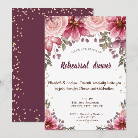 Gold Diamonds Floral Burgundy Rehearsal Dinner Kaart (Voorkant / Achterkant)