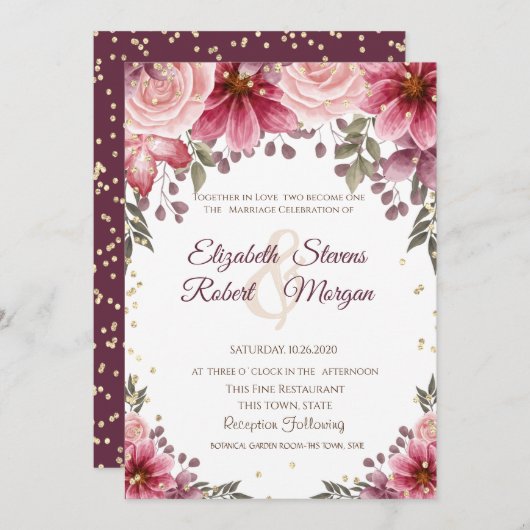 Gold Diamonds Floral Burgundy Wedding Invitation Kaart (Voorkant / Achterkant)