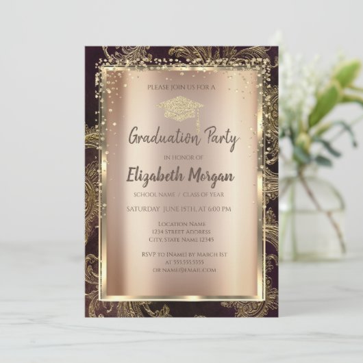 Gold Diamonds Floral Damask Afstuderen Kaart (Staand voorkant)