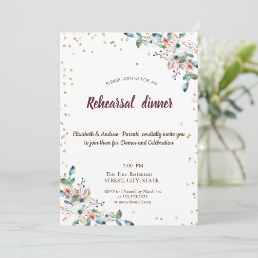 Gold Diamonds Flowers Burgundy Rehearsal Dinner Kaart (Staand voorkant)