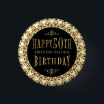 Gold Diamonds Glitter Happy 50th Birthday Sjabloon Ronde Button 3,2 Cm<br><div class="desc">Glamoureuze gouden tinten diamanten glitter op de achtergrond,  zwarte cirkel met gouden glitter gelukkige 50ste verjaardag en klantgerichte verjaardags persoon naam. U kunt dit ontwerp in elke kleur aanvragen voor elke verjaardag.</div>