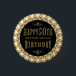 Gold Diamonds Glitter Happy 50th Birthday Sjabloon Ronde Button 3,2 Cm<br><div class="desc">Glamoureuze gouden tinten diamanten glitter op de achtergrond,  zwarte cirkel met gouden glitter gelukkige 50ste verjaardag en klantgerichte verjaardags persoon naam. U kunt dit ontwerp in elke kleur aanvragen voor elke verjaardag.</div>