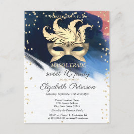 Gold Diamonds, Masque, Brush Stroke Sweet 16 Uitnodiging Briefkaart