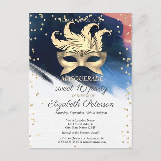 Gold Diamonds, Masque, Brush Stroke Sweet 16 Uitnodiging Briefkaart (Voorkant)
