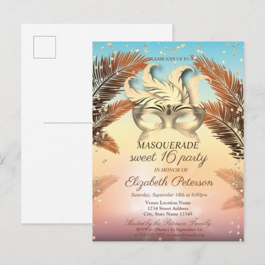 Gold Diamonds, Masque, Palms Sweet 16 Uitnodiging Briefkaart (Voorkant / Achterkant)