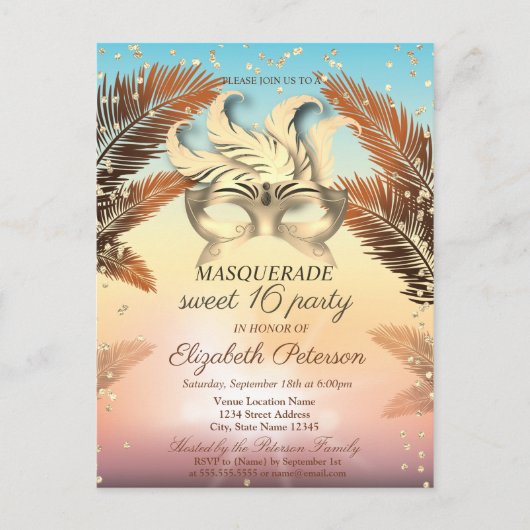 Gold Diamonds, Masque, Palms Sweet 16 Uitnodiging Briefkaart (Voorkant)