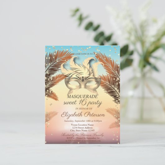 Gold Diamonds, Masque, Palms Sweet 16 Uitnodiging Briefkaart (Staand voorkant)