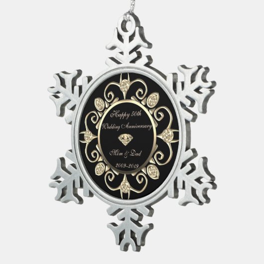 Gold Diamonds Swirl 50th Wedding Jubileum Tin Sneeuwvlok Ornament (Rechts)