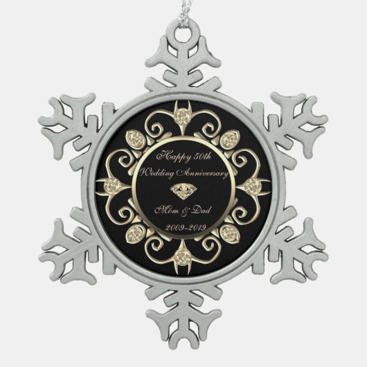 Gold Diamonds Swirl 50th Wedding Jubileum Tin Sneeuwvlok Ornament (Voorkant)
