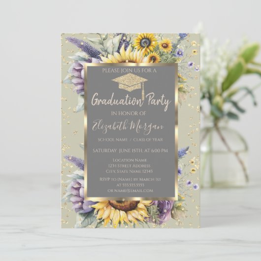 Gold Diamonds Zonnebloemen Violet Flowers Afstuder Kaart (Staand voorkant)