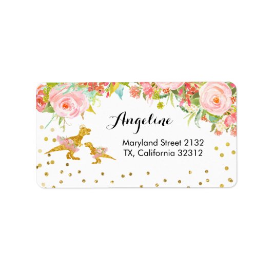 Gold Dino en Roze Flower Address Label (Voorkant)