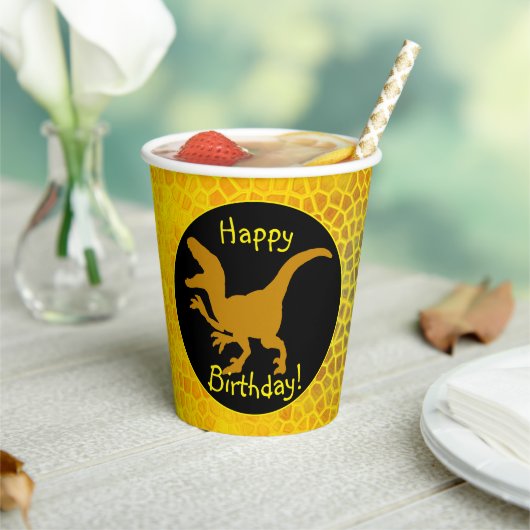Gold Dinosaur Hide Happy Birthday!  Papieren Bekers (Insitu)