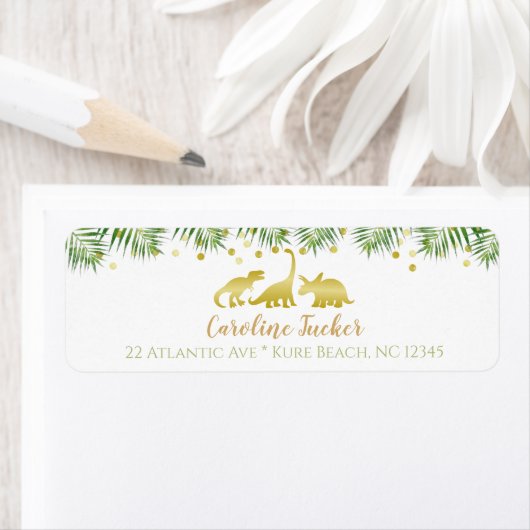 Gold Dinosaur Tropical Greenery Baby shower Etiket (Insitu)
